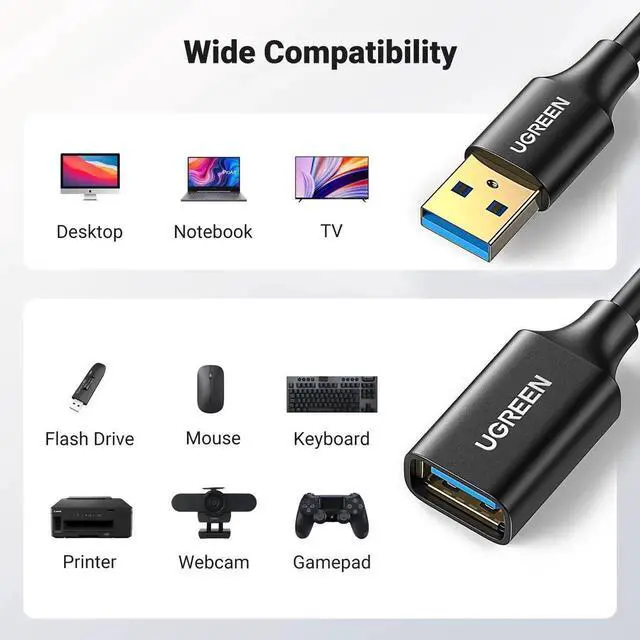 Alt view image 6 of 7 - UGREEN 6ft USB 3.0 Extension Cable, Type A Male to Female High Speed Extender Cord, Compatible with PlayStation, Xbox, Oculus VR, Flash Drive, Card Reader, Hard Drive, Keyboard, Printer, Camera