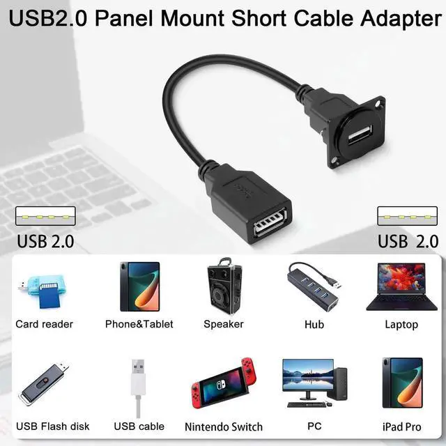 Alt view image 4 of 6 - USB 2.0 Panel Mount Cable 23cm/9in, USB 2.0 Female to Female Coupler Socket D/XLR Panel Mount Adapter for Data Transfer Charging Port Extension