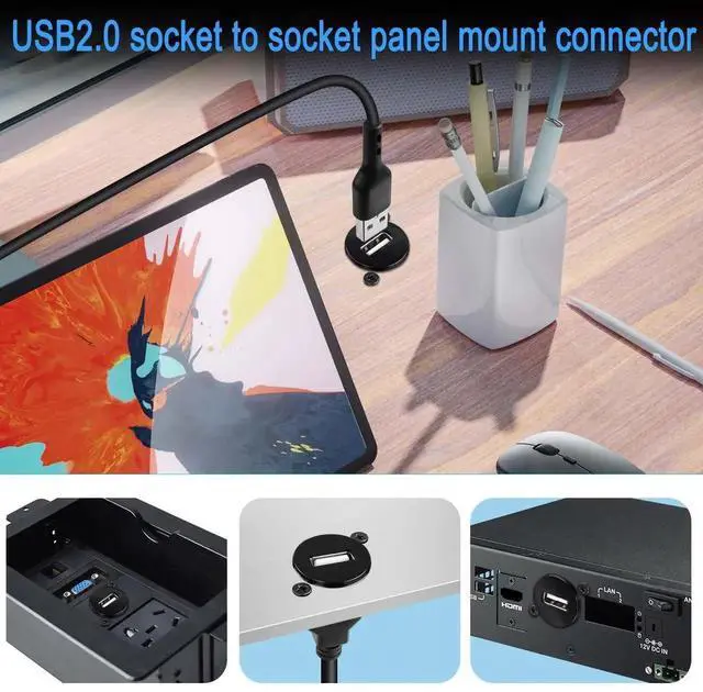 Alt view image 5 of 6 - USB 2.0 Panel Mount Cable 23cm/9in, USB 2.0 Female to Female Coupler Socket D/XLR Panel Mount Adapter for Data Transfer Charging Port Extension