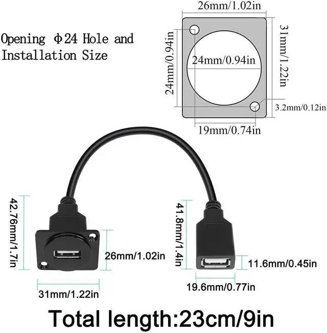 Alt view image 2 of 6 - USB 2.0 Panel Mount Cable 23cm/9in, USB 2.0 Female to Female Coupler Socket D/XLR Panel Mount Adapter for Data Transfer Charging Port Extension
