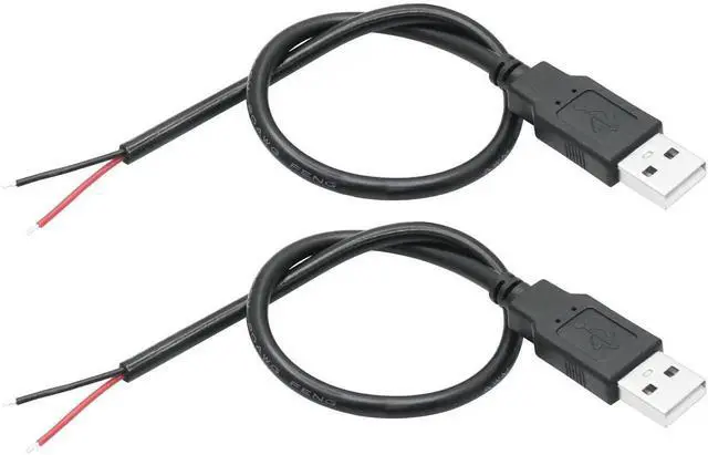 Main image of 2Pcs 11 Inch USB A Male to 2 Pin Bare Wire Power Cord, 20AWG 5V 5A Open End 2 Pin Pigtail Cable for USB Equipment DIY Install Replacement Repair