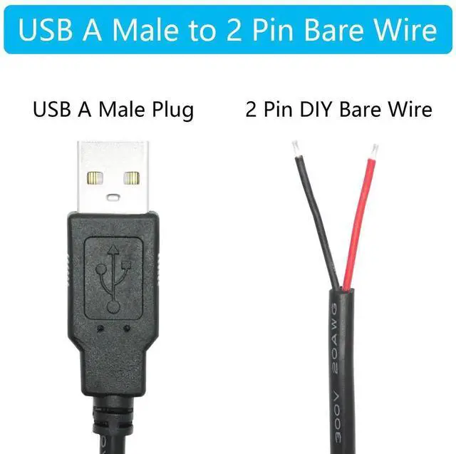 Alt view image 4 of 7 - 2Pcs 11 Inch USB A Male to 2 Pin Bare Wire Power Cord, 20AWG 5V 5A Open End 2 Pin Pigtail Cable for USB Equipment DIY Install Replacement Repair