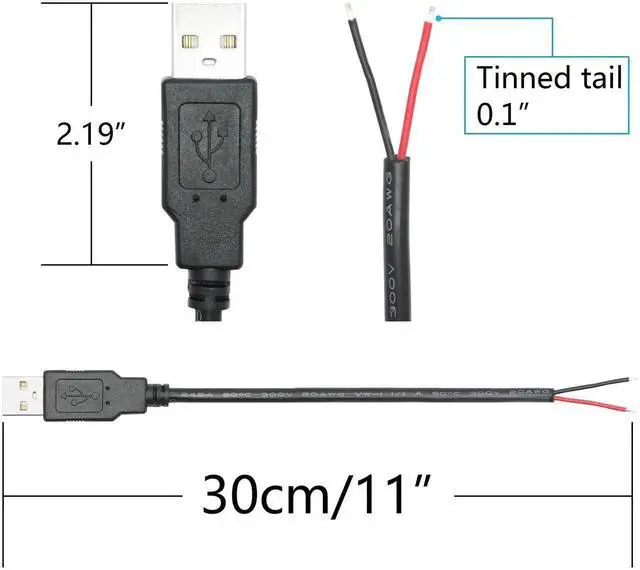 Alt view image 3 of 7 - 2Pcs 11 Inch USB A Male to 2 Pin Bare Wire Power Cord, 20AWG 5V 5A Open End 2 Pin Pigtail Cable for USB Equipment DIY Install Replacement Repair