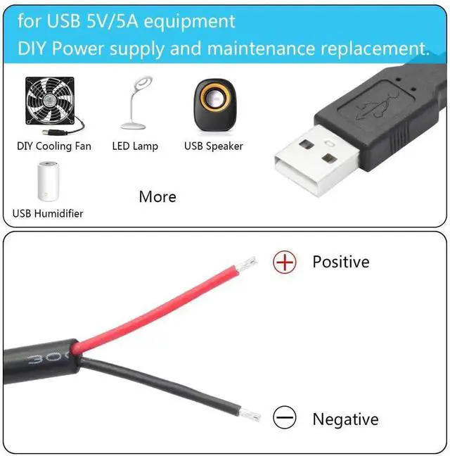 Alt view image 2 of 7 - 2Pcs 11 Inch USB A Male to 2 Pin Bare Wire Power Cord, 20AWG 5V 5A Open End 2 Pin Pigtail Cable for USB Equipment DIY Install Replacement Repair