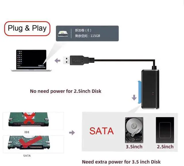Alt view image 4 of 7 - USB 3.0 Type-A to SATA 7+15 22Pin Angled Adapter Cable, 5Gbps HDD SSD Converter for 2.5/3.5 Inch Hard Drive Desktop Laptop, Requires 12V Power Supply