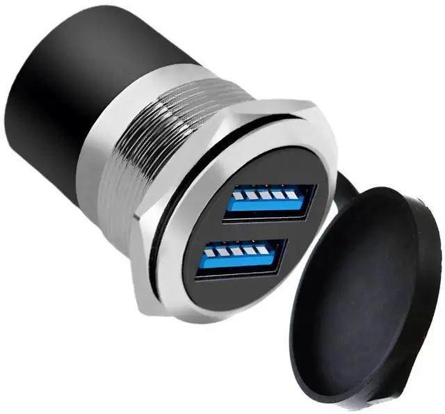 Main image of Dual USB 3.0 Panel Mount Adapter, Silver Threaded Round Connector with Waterproof Dust Cover, 2 Female to 2 Female Port Coupler, 5Gbps Data Transfer & 5V 2A Charging, 1-Pack