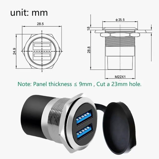 Alt view image 6 of 6 - Dual USB 3.0 Panel Mount Adapter, Silver Threaded Round Connector with Waterproof Dust Cover, 2 Female to 2 Female Port Coupler, 5Gbps Data Transfer & 5V 2A Charging, 1-Pack