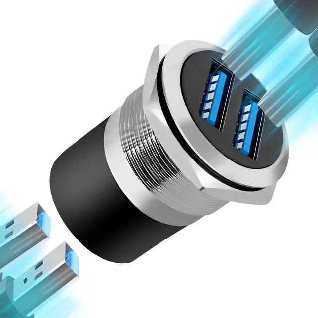Alt view image 3 of 6 - Dual USB 3.0 Panel Mount Adapter, Silver Threaded Round Connector with Waterproof Dust Cover, 2 Female to 2 Female Port Coupler, 5Gbps Data Transfer & 5V 2A Charging, 1-Pack