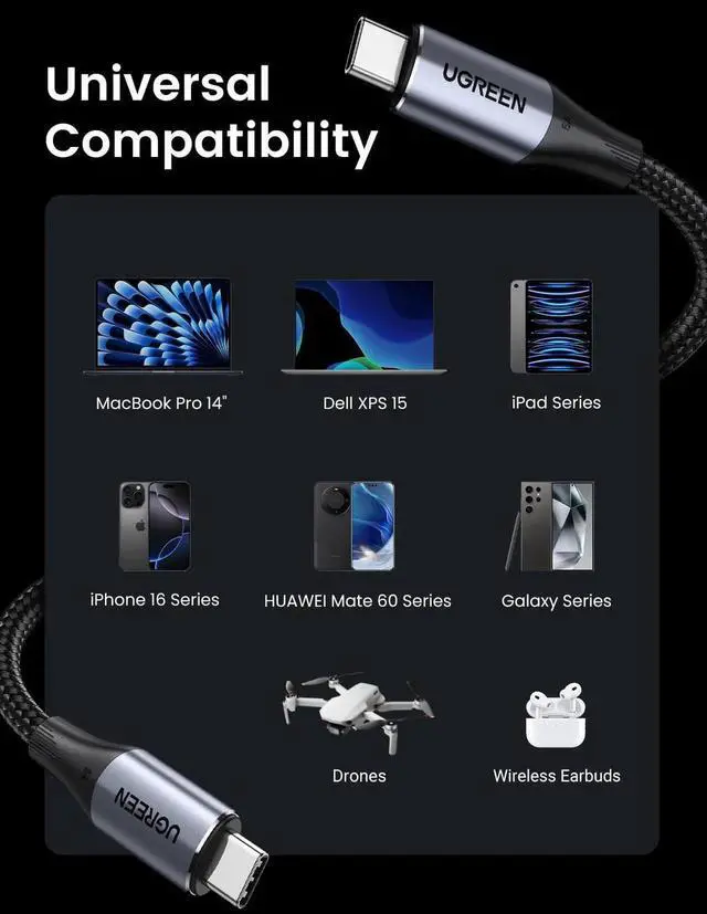 Alt view image 7 of 7 - UGREEN 3.3FT USB C to USB C Cable, USB 3.2 Gen 2 10Gbps Data Transfer, 240W PD Fast Charging, 4K@60Hz Video Monitor Cable Compatible with iPhone 17 16, Samsung Galaxy S25 S24, MacBook Pro, iPad Pro, D