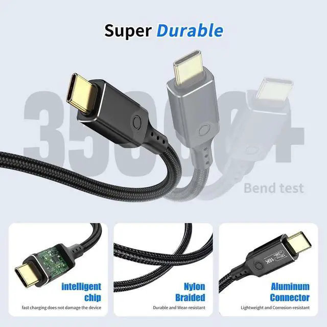 Alt view image 7 of 7 - 6.6FT Thunderbolt 5 Cable, 120Gbps High Bandwidth Braided USB C Video Cable, 240W PD Fast Charging, Support 16K/Dual 8K, Compatible with Thunderbolt 4/5, USB4, SSD, MacBook M4 Pro, Dock, eGPU, Black