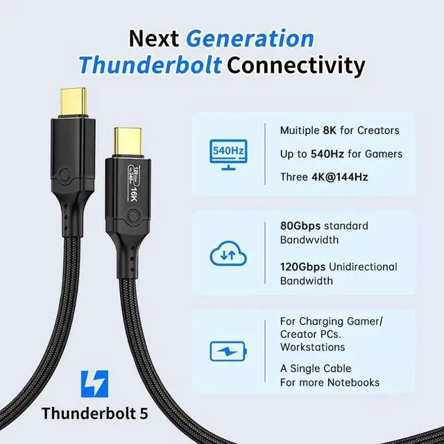 Alt view image 2 of 7 - 6.6FT Thunderbolt 5 Cable, 120Gbps High Bandwidth Braided USB C Video Cable, 240W PD Fast Charging, Support 16K/Dual 8K, Compatible with Thunderbolt 4/5, USB4, SSD, MacBook M4 Pro, Dock, eGPU, Black