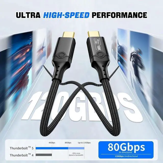 Alt view image 4 of 7 - 6.6FT Thunderbolt 5 Cable, 120Gbps High Bandwidth Braided USB C Video Cable, 240W PD Fast Charging, Support 16K/Dual 8K, Compatible with Thunderbolt 4/5, USB4, SSD, MacBook M4 Pro, Dock, eGPU, Black