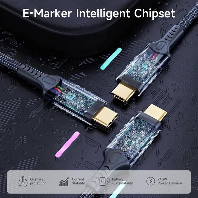 Alt view image 4 of 7 - 10FT/3M Long USB C to USB C Cable, USB4 40Gbps Data Transfer, 240W PD Fast Charging, 8K/4K HD Video Output Compatible with Thunderbolt 4/3, Male to Male Type C Cord for Laptop, Hub, Tablet, Smartphone