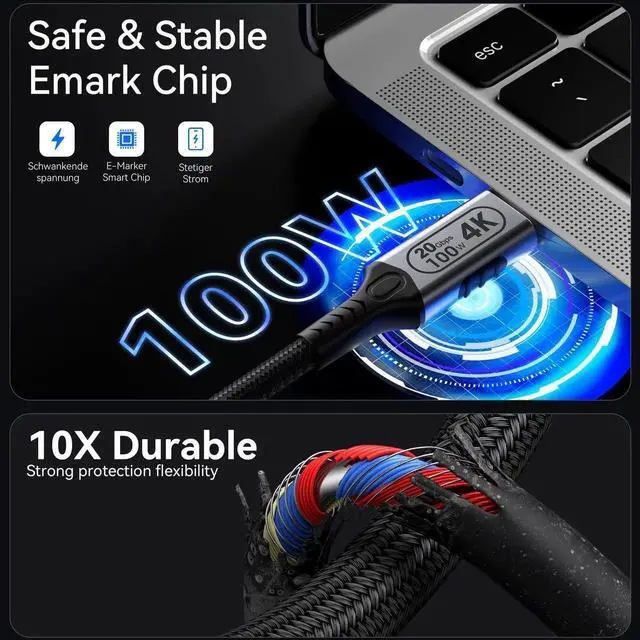 Alt view image 3 of 7 - 16.4FT/5M USB-C to USB-C Cable, 20Gbps Data Transfer, 4K@60Hz Video Output, 100W PD Fast Charging, Durable Braided Nylon USB C Cable for Laptop, Phone, Tablet, Monitor