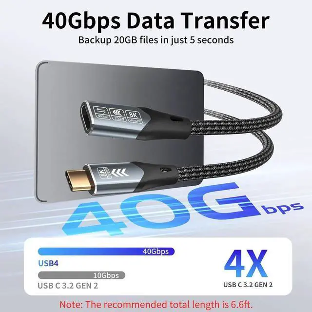 Alt view image 6 of 7 - 6.6FT Long USB-C Extension Cable, USB C Male to Female Extender, 40Gbps High Speed Compatible with Thunderbolt 4, 8K Video Display, 100W PD Fast Charging for Docking Station, Laptop, Monitor