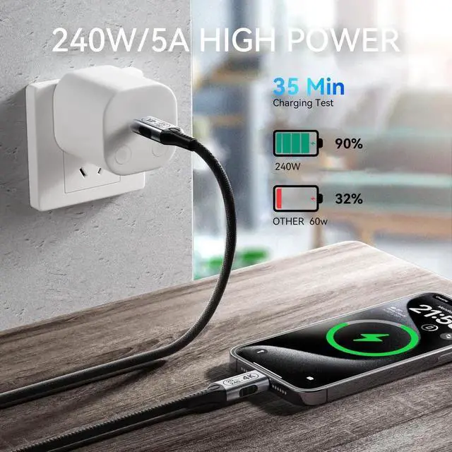 Alt view image 7 of 7 - 10FT USB-C to USB-C Cable, 240W Fast Charging, 20Gbps Data Transfer, 4K@60Hz UHD Video Cable Compatible with Laptops Tablets Smartphones Computers