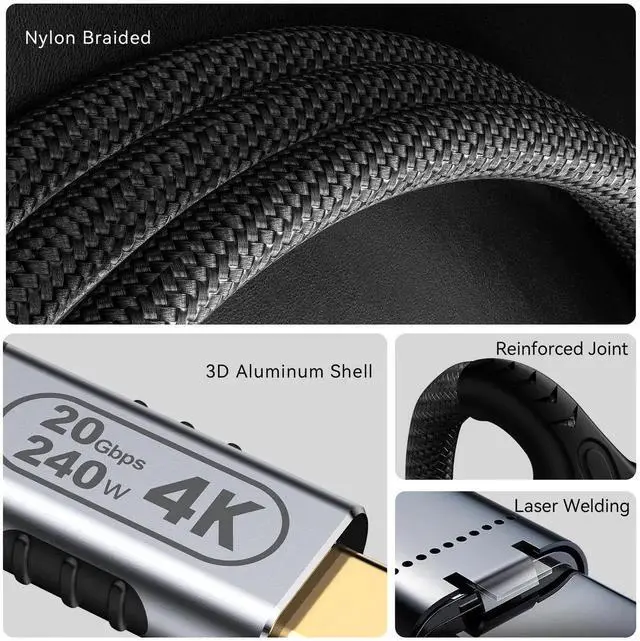 Alt view image 6 of 7 - 10FT USB-C to USB-C Cable, 240W Fast Charging, 20Gbps Data Transfer, 4K@60Hz UHD Video Cable Compatible with Laptops Tablets Smartphones Computers