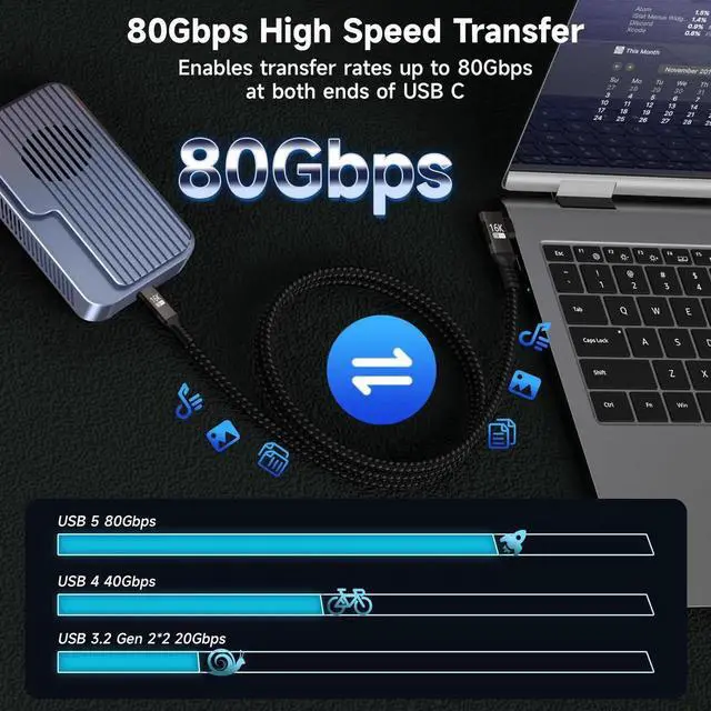 Alt view image 2 of 7 - 1FT 90 Degree Right Angle USB C Cable, Compatible with Thunderbolt 5/4, 80Gbps High Speed Data Transfer, 240W PD Fast Charging, 16K@60Hz / 8K@120Hz Video Output for Monitor Display