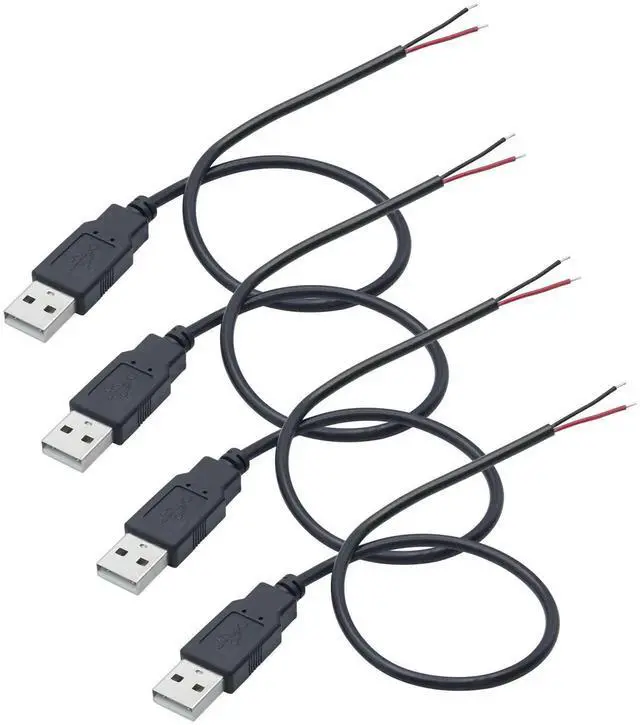 Main image of 4Pcs 30CM USB A Male 2 Pin Bare Wire Power Cable, 5V/3A Open End Pigtail DIY Replacement Repair Cable for USB Equipment Installation