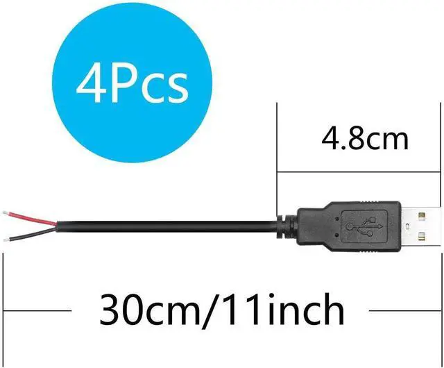 Alt view image 4 of 7 - 4Pcs 30CM USB A Male 2 Pin Bare Wire Power Cable, 5V/3A Open End Pigtail DIY Replacement Repair Cable for USB Equipment Installation