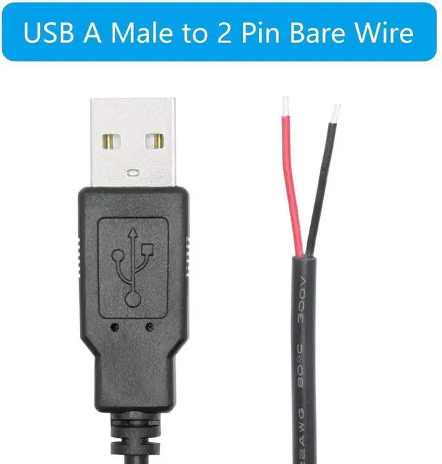Alt view image 7 of 7 - 4Pcs 30CM USB A Male 2 Pin Bare Wire Power Cable, 5V/3A Open End Pigtail DIY Replacement Repair Cable for USB Equipment Installation