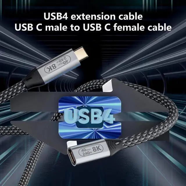 Alt view image 7 of 7 - 3.3FT/1M USB C Extension Cable, Thunderbolt 4 Compatible USB4 Cable, 40Gbps Data Transfer, 240W Fast Charging, 8K@60Hz & 4K@120Hz Ultra HD Video USB C Male to Female Extender for Monitor