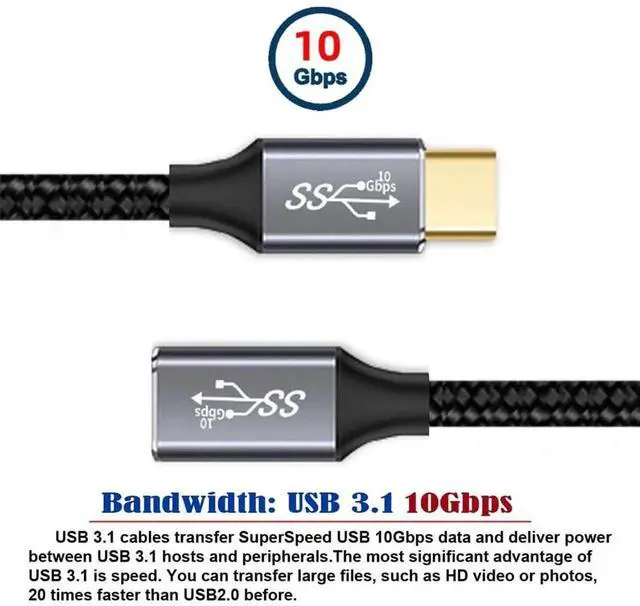 Alt view image 5 of 7 - 3.0M Straight USB-C Male to Female Extension Cable, USB 3.1 Type-C 10Gbps Data Transfer 100W PD Fast Charging Sleeve Braided Extender Cord for Laptop