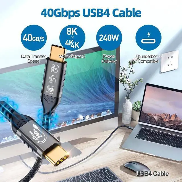 Alt view image 7 of 7 - 3.3FT USB4 USB C to USB C Cable, 8K HD Display, 40Gbps Data Transfer, 240W Fast Charging, Compatible with Thunderbolt 4/3, Type-C Laptop, Hub, Docking Station