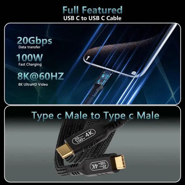 Alt view image 4 of 7 - 16.5FT/5M USB C 3.2 Gen 2 Cable, Type C to Type C Long Cable, 20Gbps Data Transfer, 100W PD Fast Charging, 4K@60Hz Video Cable for Monitor