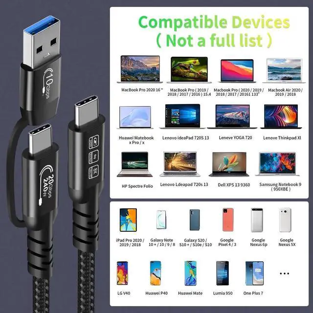 Alt view image 5 of 7 - 200CM 2-in-1 USB A to USB C Cable, USB 3.2 Gen 2x2 20Gbps Data, 8K@60Hz UHD Video, 240W PD3.1 Fast Charging Cord Compatible with Thunderbolt 3/4, MacBook Pro, Samsung