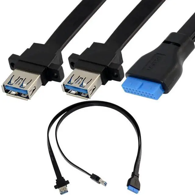 Main image of 3.3ft/1m 2 Port USB 3.0 A Female Screw Panel Mount to Motherboard 20 Pin Flat Extension Cable