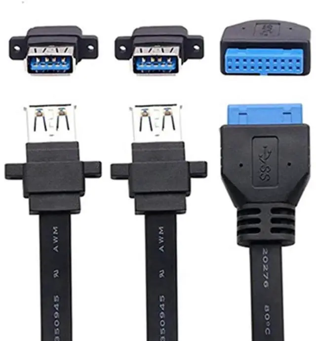 Alt view image 4 of 6 - 3.3ft/1m 2 Port USB 3.0 A Female Screw Panel Mount to Motherboard 20 Pin Flat Extension Cable