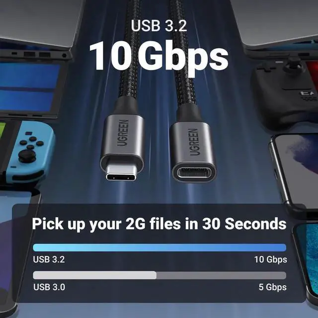 Alt view image 6 of 7 - UGREEN 3.3Ft USB C Extension Cable, 10Gbps Data Transfer 100W PD Fast Charging, Nylon Braided Type C Male to Female Extender Cord Compatible with PSVR2, MacBook, iPad Pro, MagSafe Charger, iPhone, Bla