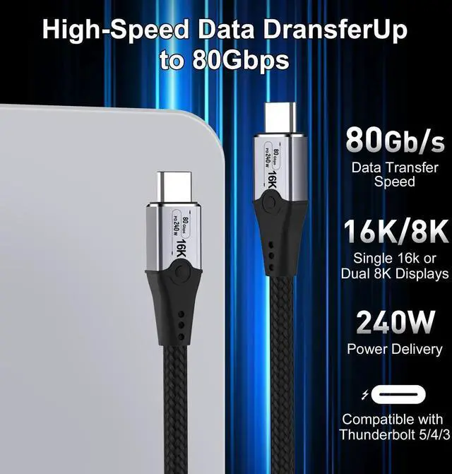 Alt view image 4 of 7 - 3.3 FT USB5 USB C to USB C Monitor Cable, 80Gbps Data Transfer, 16K/Dual 8K HD Display, 240W Fast Charging, Compatible with Thunderbolt 5/4/3, USB4