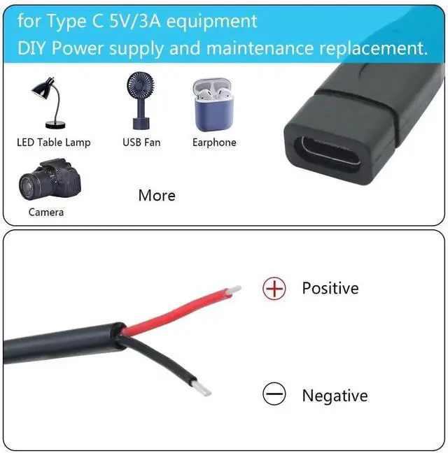 Alt view image 7 of 7 - 4Pcs 9Inch/25cm Short USB C Female to 2 Pin Bare Wire Cable, 5V/3A Open End Pigtail Power Cord, DIY Replacement Repair Wire for USB-C Equipment Installation