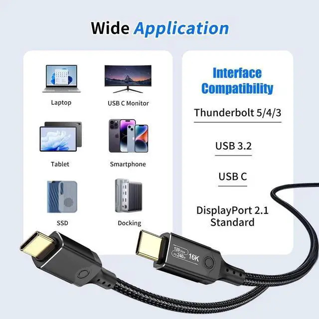 Alt view image 6 of 7 - 3.3FT Thunderbolt 5 Cable, 120Gbps Bandwidth Braided USB C Video Cable, 240W PD Fast Charging, Support 16K/Dual 8K, Compatible with Thunderbolt 4/5, USB4, SSD, MacBook M4 Pro, eGPU, Black