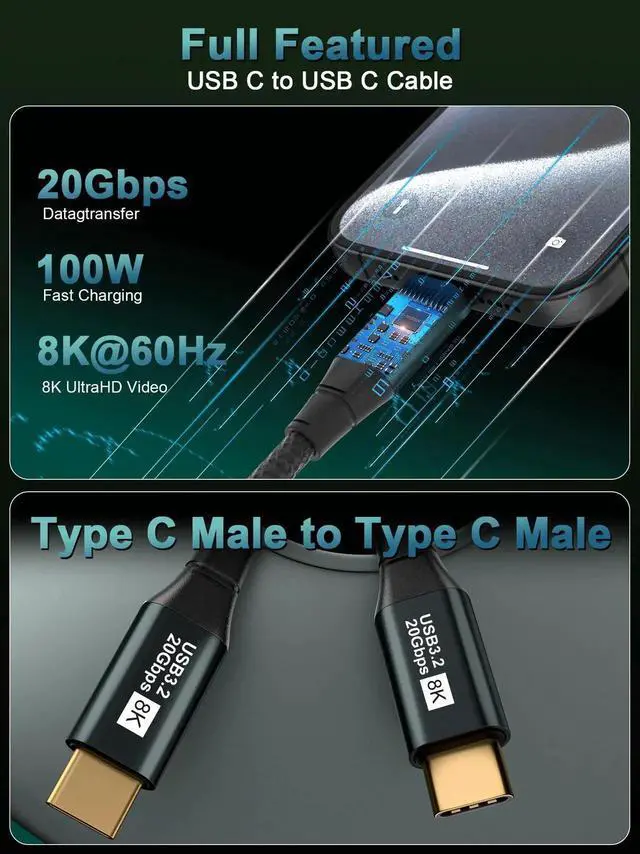 Alt view image 7 of 7 - 10FT USB C to USB C Monitor Cable, 8K@60Hz USB-C Video Cable, 100W PD Fast Charging, USB 3.2 Gen 2 20Gbps Data Transfer, Compatible with iPhone 15/16/17 Series, MacBooks, iPad
