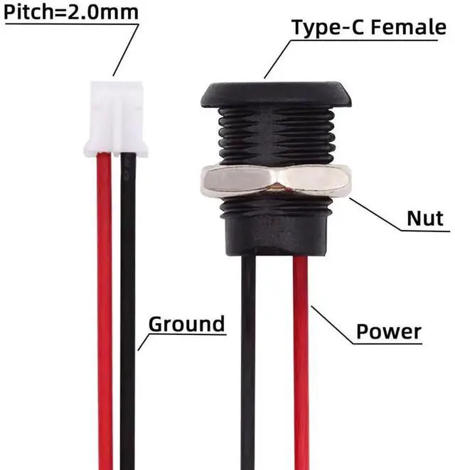 Alt view image 7 of 7 - 5Pcs DIY USB C Female Socket to 2Pin Header Wire, 2.0mm Pitch Panel Mount Waterproof USB C Jack, DC 5V Power Extension Cord, 17.5cm