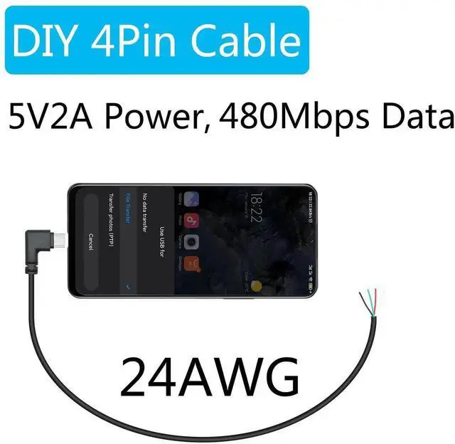 Alt view image 6 of 7 - 4Pcs 11Inch 90 Degree USB C to 4 Pin Bare Wire Cable, Right Angle USB Type C Male Plug Open End Pigtail Wire, 5V/2A Power Data Cord for USB Device Replacement Repair DIY Project