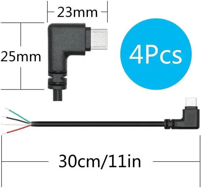 Alt view image 7 of 7 - 4Pcs 11Inch 90 Degree USB C to 4 Pin Bare Wire Cable, Right Angle USB Type C Male Plug Open End Pigtail Wire, 5V/2A Power Data Cord for USB Device Replacement Repair DIY Project