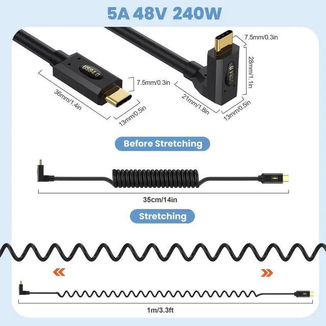 Alt view image 2 of 6 - 4FT/1.2M Coiled Spring USB4.0 Cable, USB C to USB C Male to Male Spiral Cord, 40Gbps Data Transfer, 240W PD Fast Charging, 8K/6K@60Hz UHD Video, Up/Down Angle Design