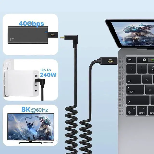 Alt view image 5 of 6 - 4FT/1.2M Coiled Spring USB4.0 Cable, USB C to USB C Male to Male Spiral Cord, 40Gbps Data Transfer, 240W PD Fast Charging, 8K/6K@60Hz UHD Video, Up/Down Angle Design