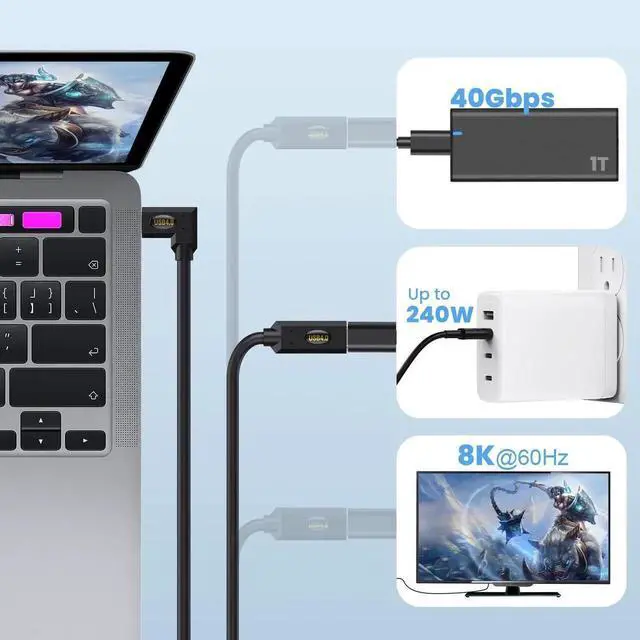 Alt view image 3 of 7 - 4FT/1.2M Straight to Straight Coiled USB4.0 Cable, USB C to USB C Male to Male Spiral Cord, 40Gbps Data Transfer, 240W PD Fast Charging, 8K/6K@60Hz UHD Video