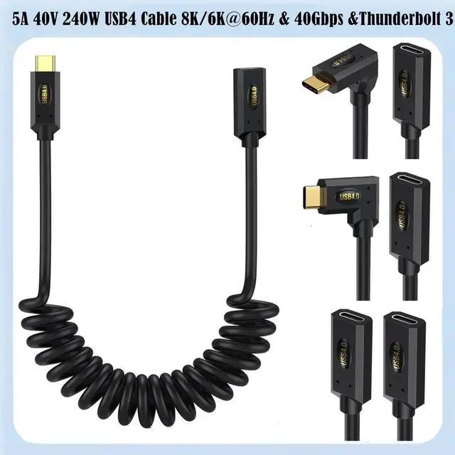 Alt view image 6 of 7 - 4FT/1.2M Straight to Straight Coiled USB4.0 Cable, USB C to USB C Male to Male Spiral Cord, 40Gbps Data Transfer, 240W PD Fast Charging, 8K/6K@60Hz UHD Video