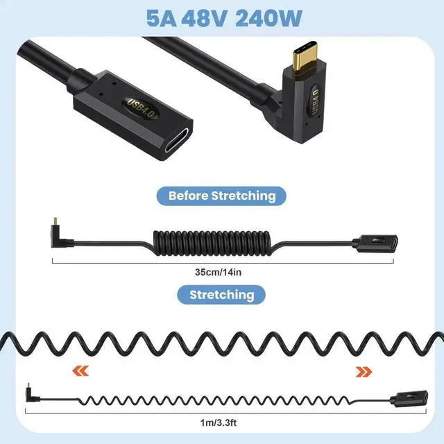 Alt view image 3 of 6 - 4FT/1.2M Straight to Straight Female to Female Coiled USB4.0 Cable, USB C to USB C Spiral Spring Cord, 40Gbps Data Transfer, 240W PD Fast Charging, 8K/6K@60Hz UHD Video