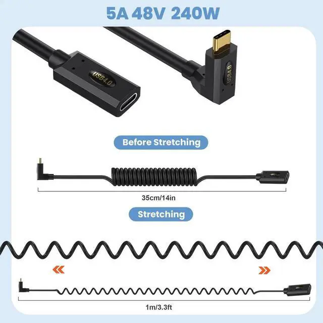 Alt view image 5 of 7 - 4FT/1.2M Straight to Straight Coiled USB4.0 Extension Cable, USB C Male to Female Spiral Spring Cord, 40Gbps Data Transfer, 240W PD Fast Charging, 8K/6K@60Hz UHD Video