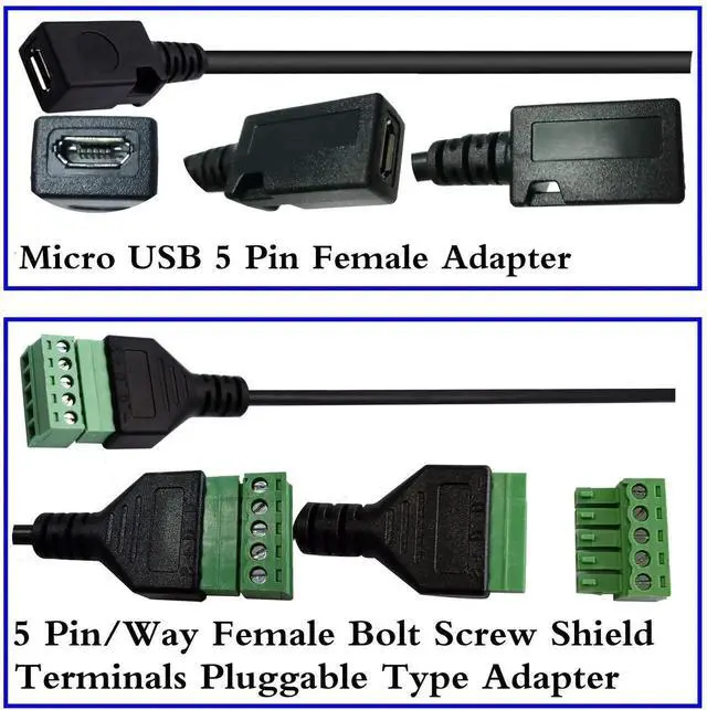 Alt view image 2 of 7 - 2Pack 30CM Micro USB Screw Terminal Block Cable, Micro USB 2.0 Female to 5 Pin Screw Bolt Adapter Connector with Shield Terminals