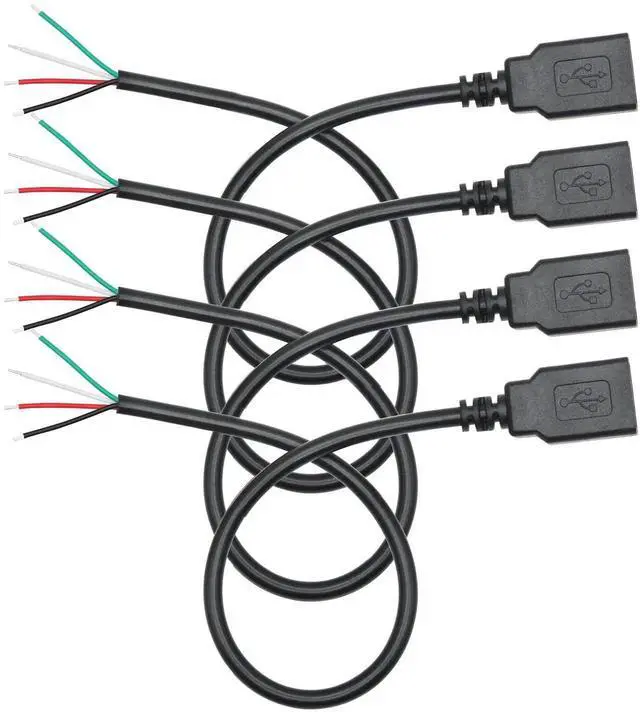Main image of 4Pcs 11Inch USB A Female to 4 Pin Bare Wire Pigtail Cable, 22AWG 5V/3A Open End Power Data Cord for USB-A Device Installation, Replacement Repair & DIY Electronics Projects