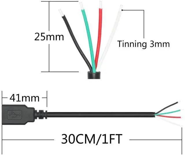 Alt view image 3 of 6 - 4Pcs 11Inch USB A Female to 4 Pin Bare Wire Pigtail Cable, 22AWG 5V/3A Open End Power Data Cord for USB-A Device Installation, Replacement Repair & DIY Electronics Projects