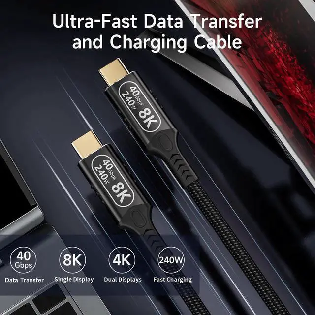 Alt view image 3 of 7 - 6.6FT/2M Nylon Braided USB C to USB C Cable, USB4 Thunderbolt 4 Compatible, 40Gbps Data Transfer, 240W PD Fast Charging, Single 8K/Dual 4K Video, Male to Male Cord for Monitor Laptop Thunderbolt 3